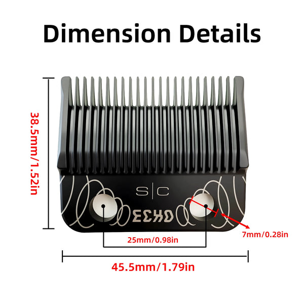Dimension details of a black professional cordless hair clipper showing blade length and overall size.