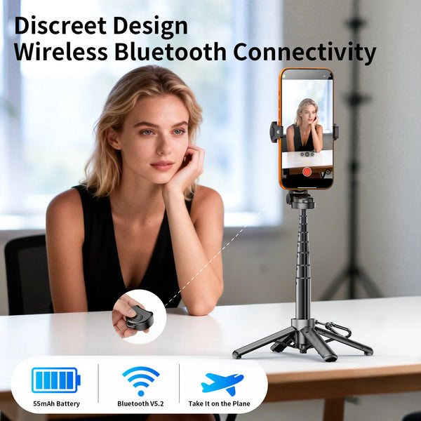 A woman holds a magnetic selfie stick phone holder demonstrating wireless Bluetooth connectivity features.
