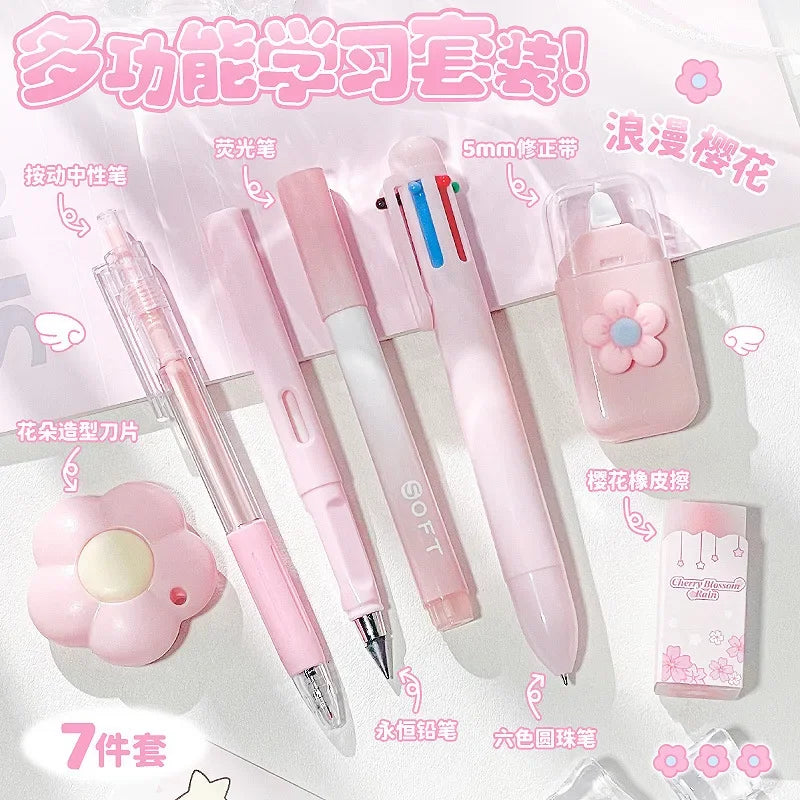 A set of seven pink and white cartoon-themed school stationery items including pens, markers, and eraser.