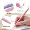 A pink refillable eraser pen with a triangular grip and two sizes shown next to a hand.