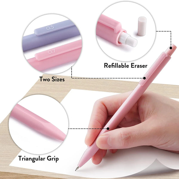 A pink refillable eraser pen with a triangular grip and two sizes shown next to a hand.