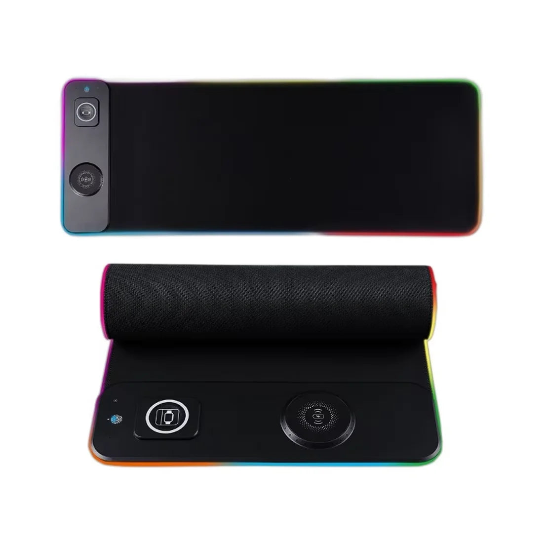 A black magnetic wireless charging mousepad shown in two views, highlighting its slim profile and features.