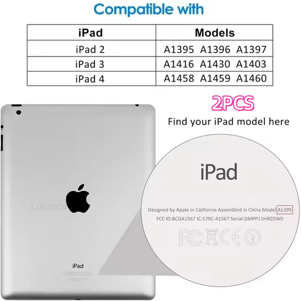 A 2-pack of tempered glass screen protectors for various iPad models, including iPad 2, 3, and 4.