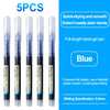 Five blue full-length gel pens shown with writing specifications and features