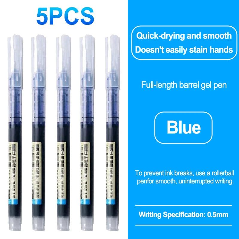 Five blue full-length gel pens shown with writing specifications and features