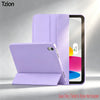 A purple trifold smart cover for an iPad is shown next to the tablet and stylus.
