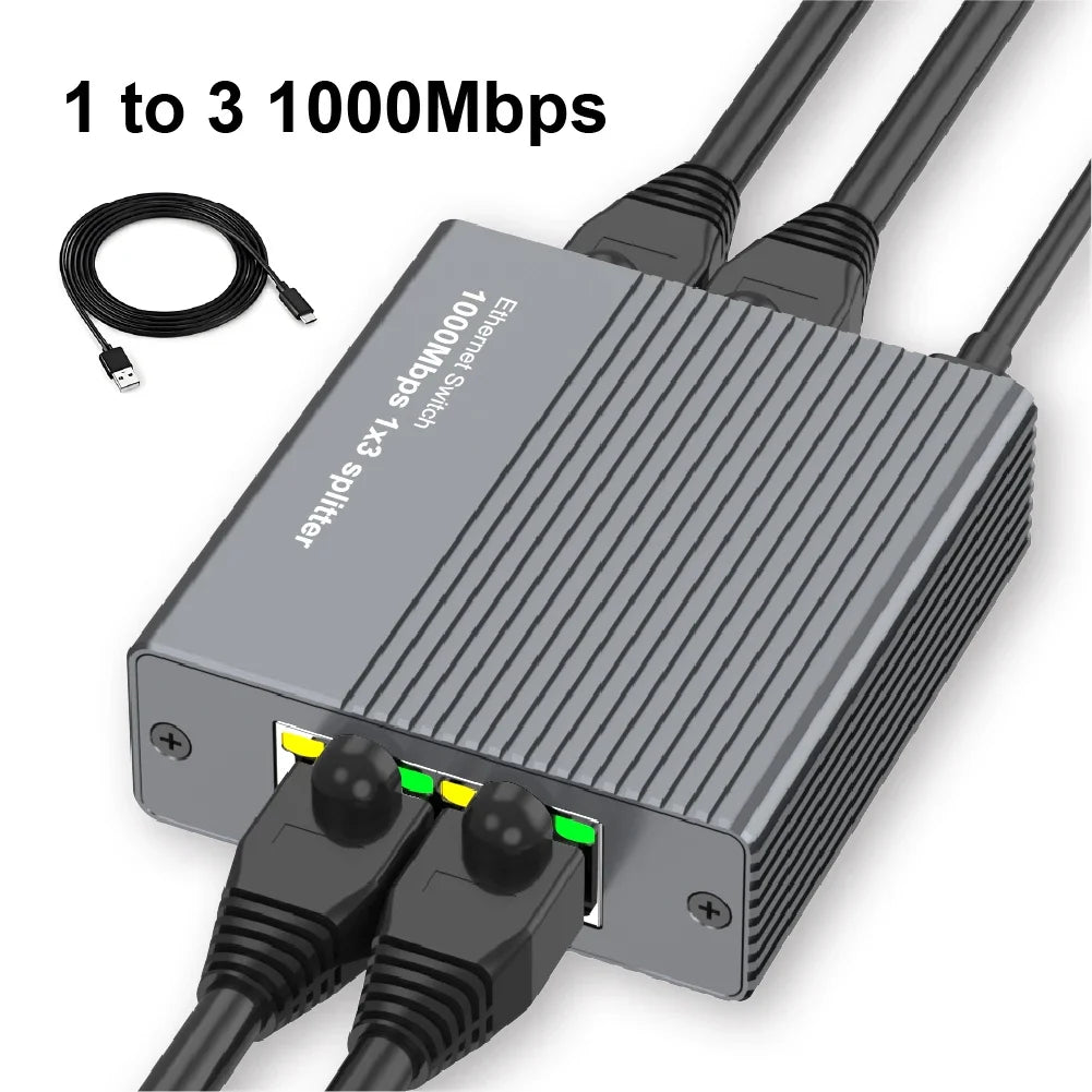 A gray Ethernet switch splitter device with multiple output ports and a cable shown next to it.
