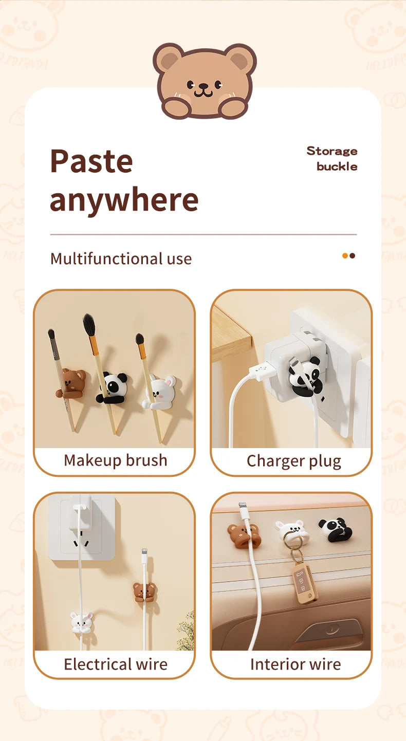 A set of cartoon animal storage buckles and accessories for organizing various cables like makeup brushes, chargers, and elec