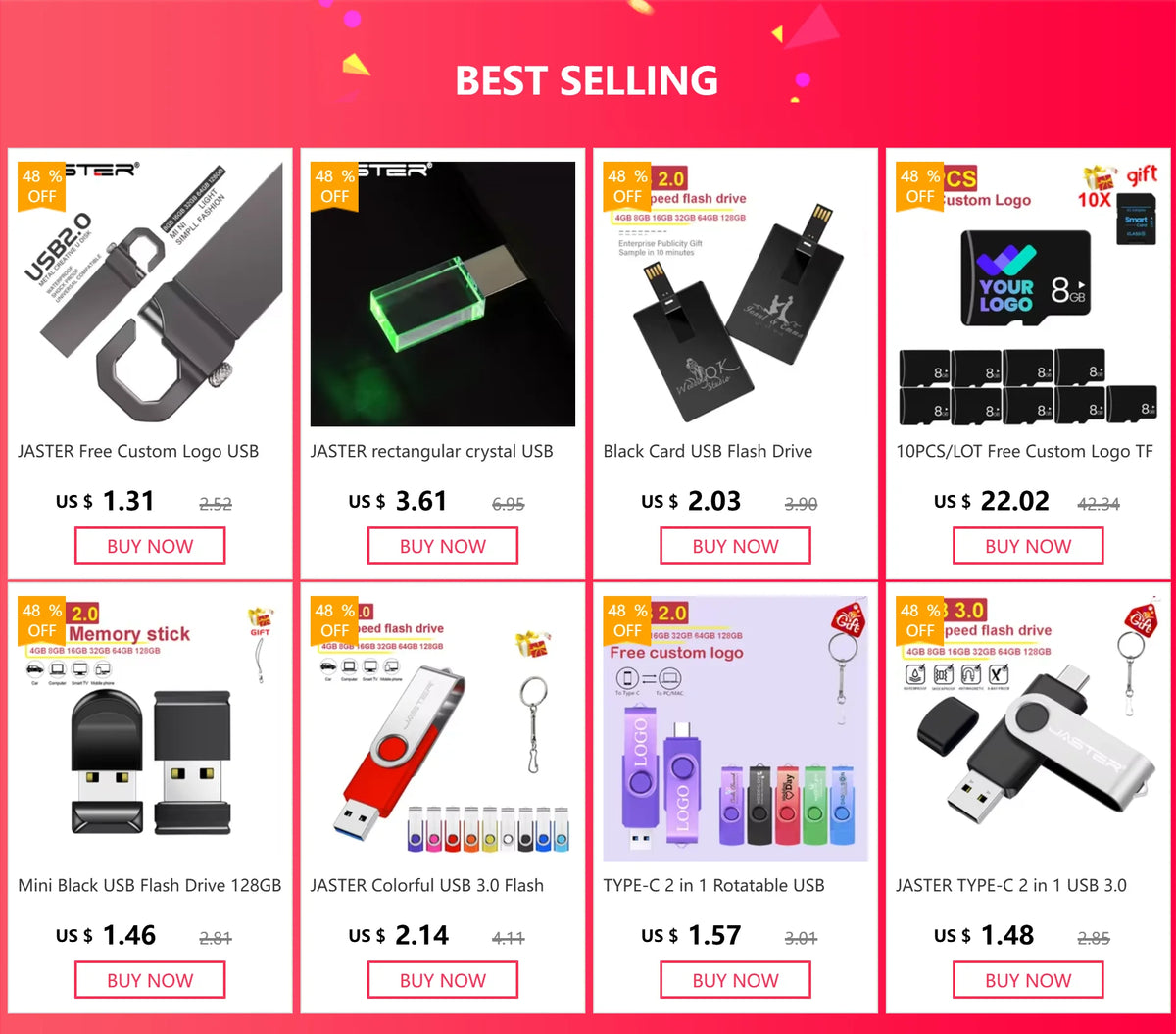 A grid of various USB flash drives and memory cards for sale with prices listed.