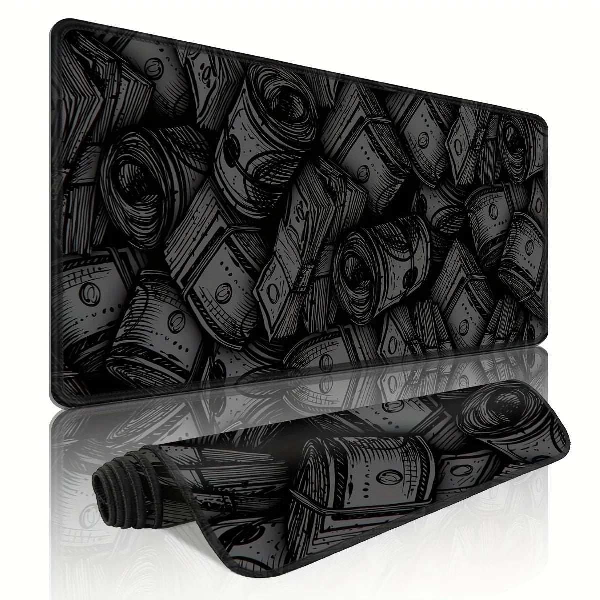 A black desk mat featuring a pattern of rolled and stacked paper currency.