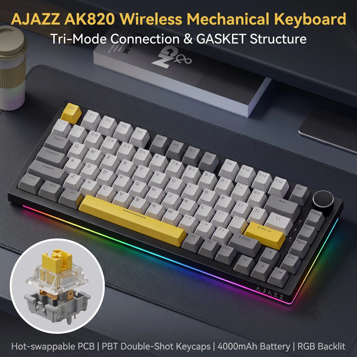 Gelbare und graue mechanische Tastatur mit RGB-Beleuchtung auf dunkler Oberfläche