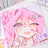 A close-up of a hand-drawn illustration featuring a pink-haired anime character, surrounded by acrylic paint markers.