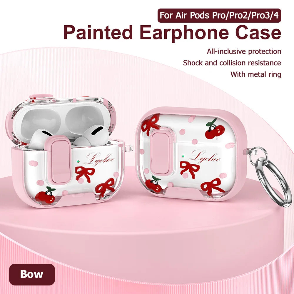 Estuche de silicone rosa pintado para auriculares AirPods Pro con anillo de metal y cinta decorativa