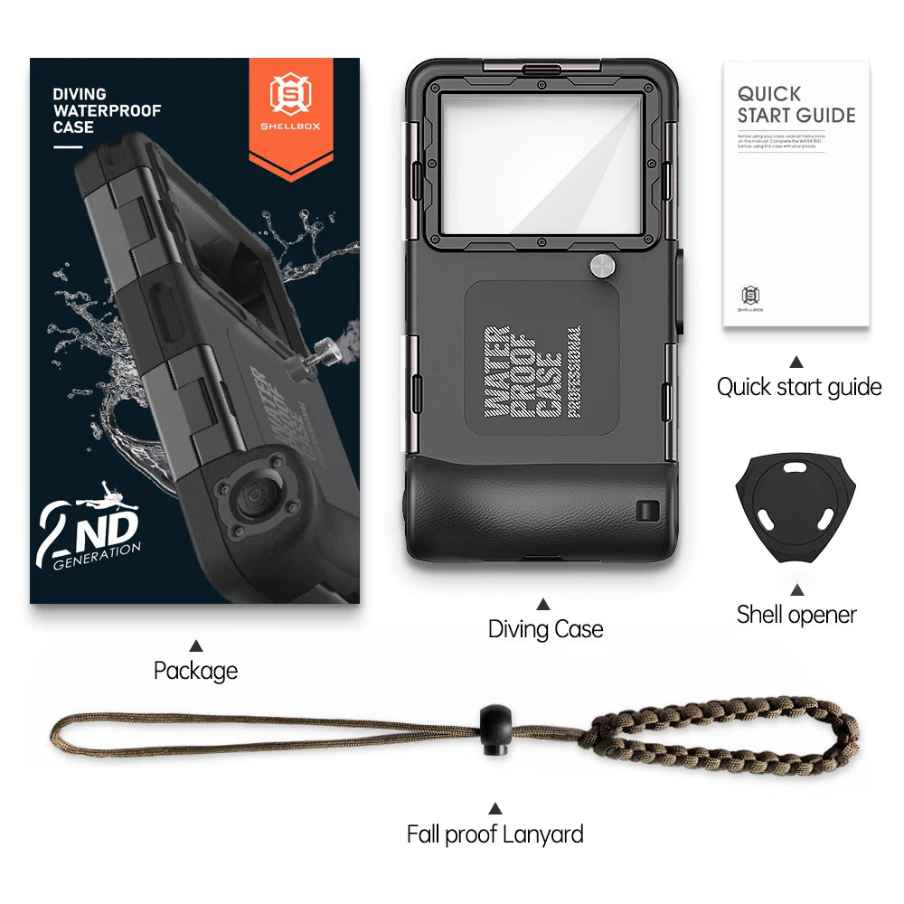 A black waterproof phone case is shown with its packaging, a quick start guide, a shell opener, and a fall proof lanyard.