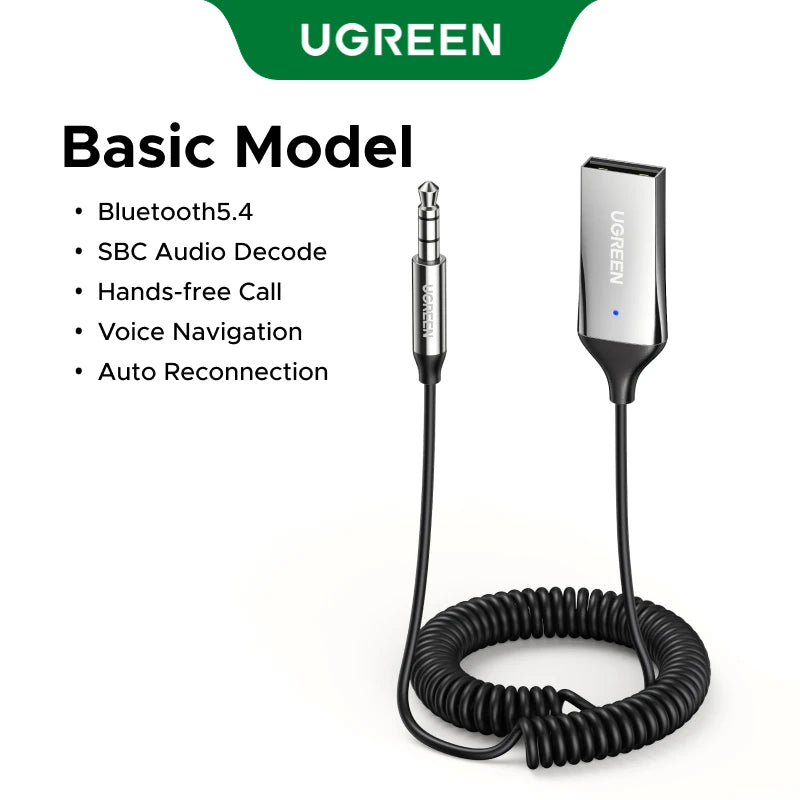 Black Ugreen basic model Bluetooth car audio adapter with microphone and cable