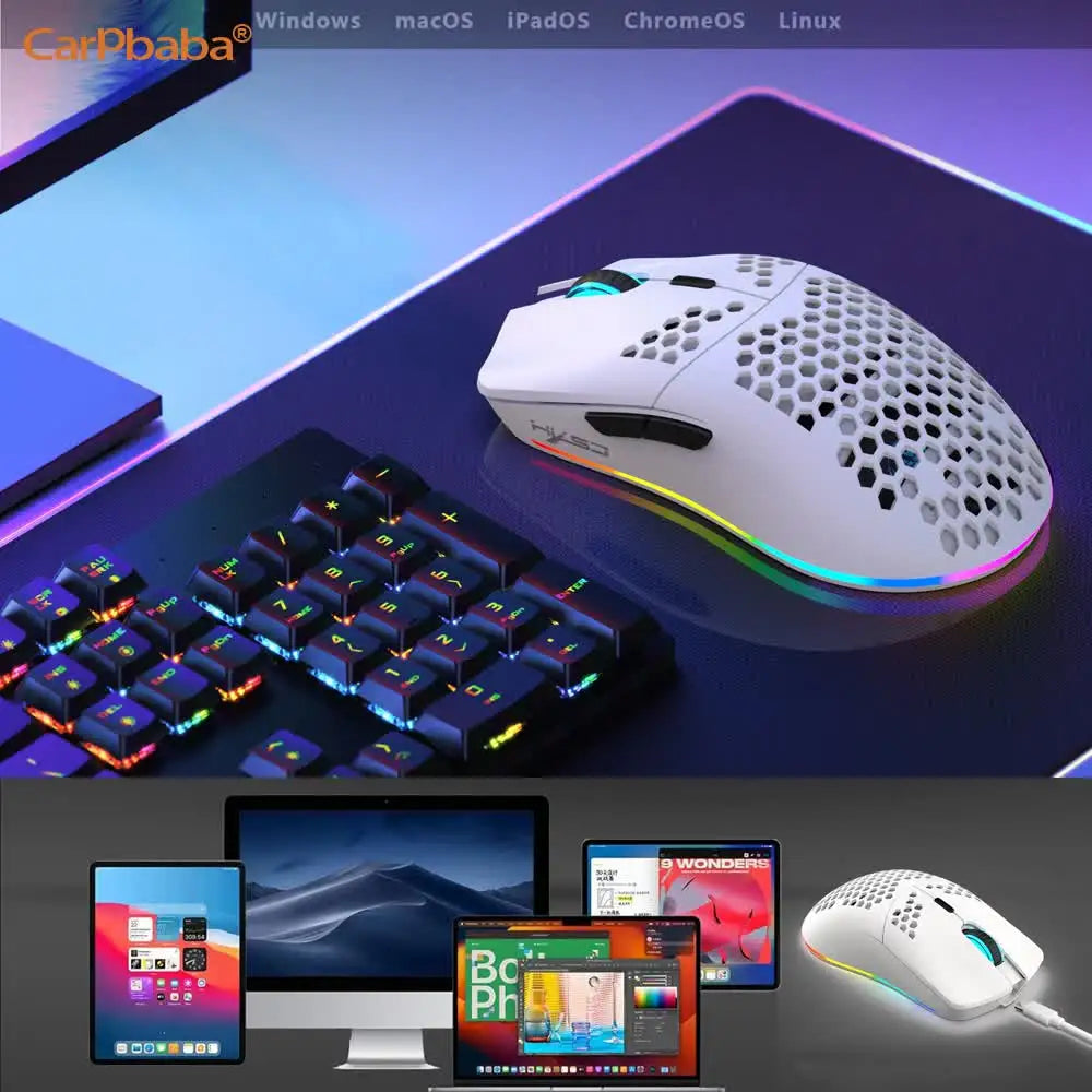 A white wireless gaming mouse with RGB lighting is shown next to a keyboard and on a dark surface.