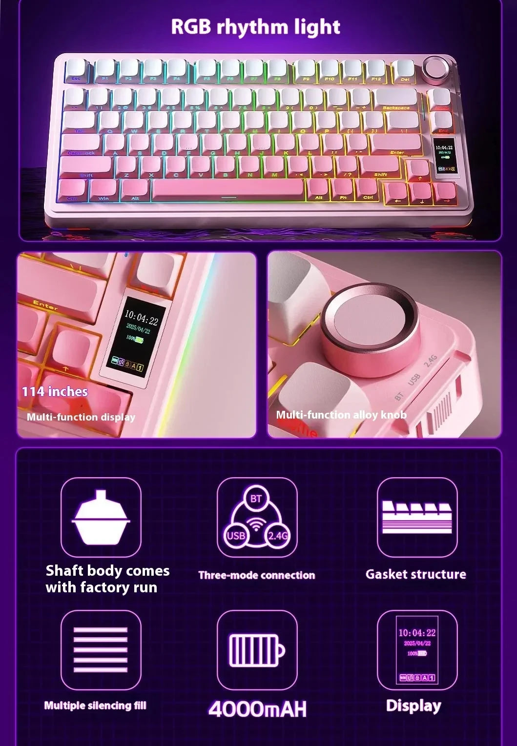 AULA S75 Pro wireless mechanical gaming keyboard with LED screen and control knob features a pink color and multi-function di