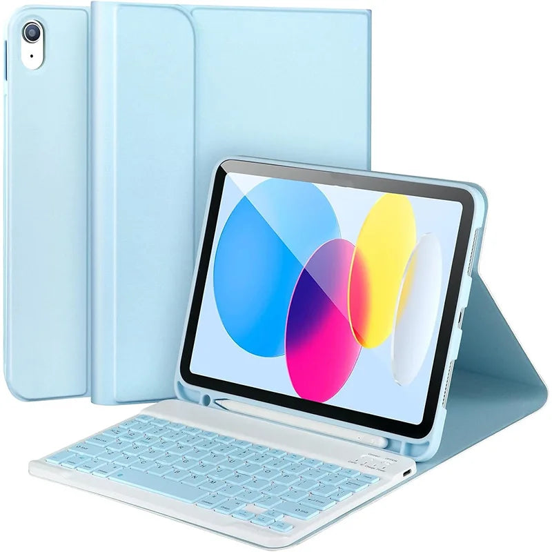 A light blue Universal Protective Case with a keyboard for an iPad Air is shown alongside the device.