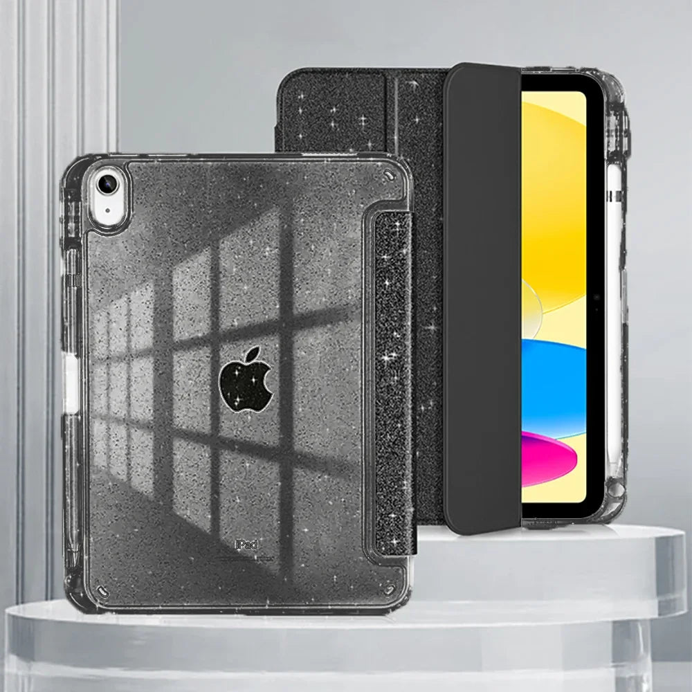 A glittery protective stand cover for an iPad is shown next to the device.