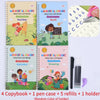 A set of four colorful practice copybooks for preschoolers featuring letters, numbers, and drawing, along with a pen case and