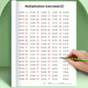 Página de un libro de ejercicios de multiplicación con problemas matemáticos y un temporizador.