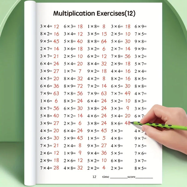 Page d'un cahier d'exercices de multiplication montrant divers problèmes mathématiques et un minuteur.