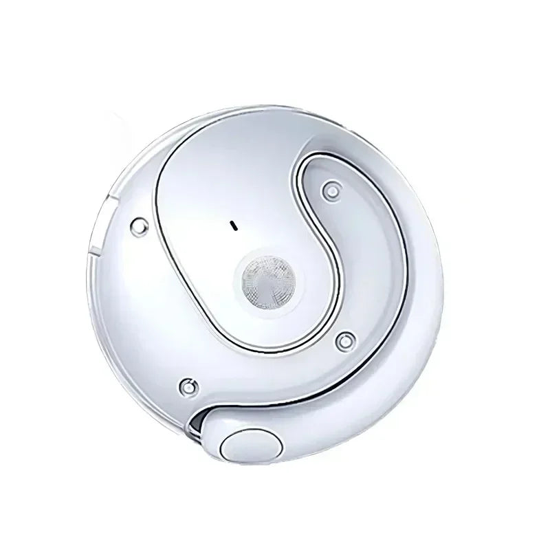 A white wireless Bluetooth earbud case with a smooth, curved design.