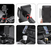 A universal car cup holder mount with a 360-degree rotating phone holder shown in various installation and usage contexts.