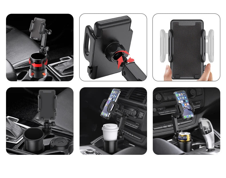 A universal car cup holder mount with a 360-degree rotating phone holder shown in various installation and usage contexts.