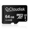 A black microSD card labeled Cloudisk 64 GB Class 10 memory card.