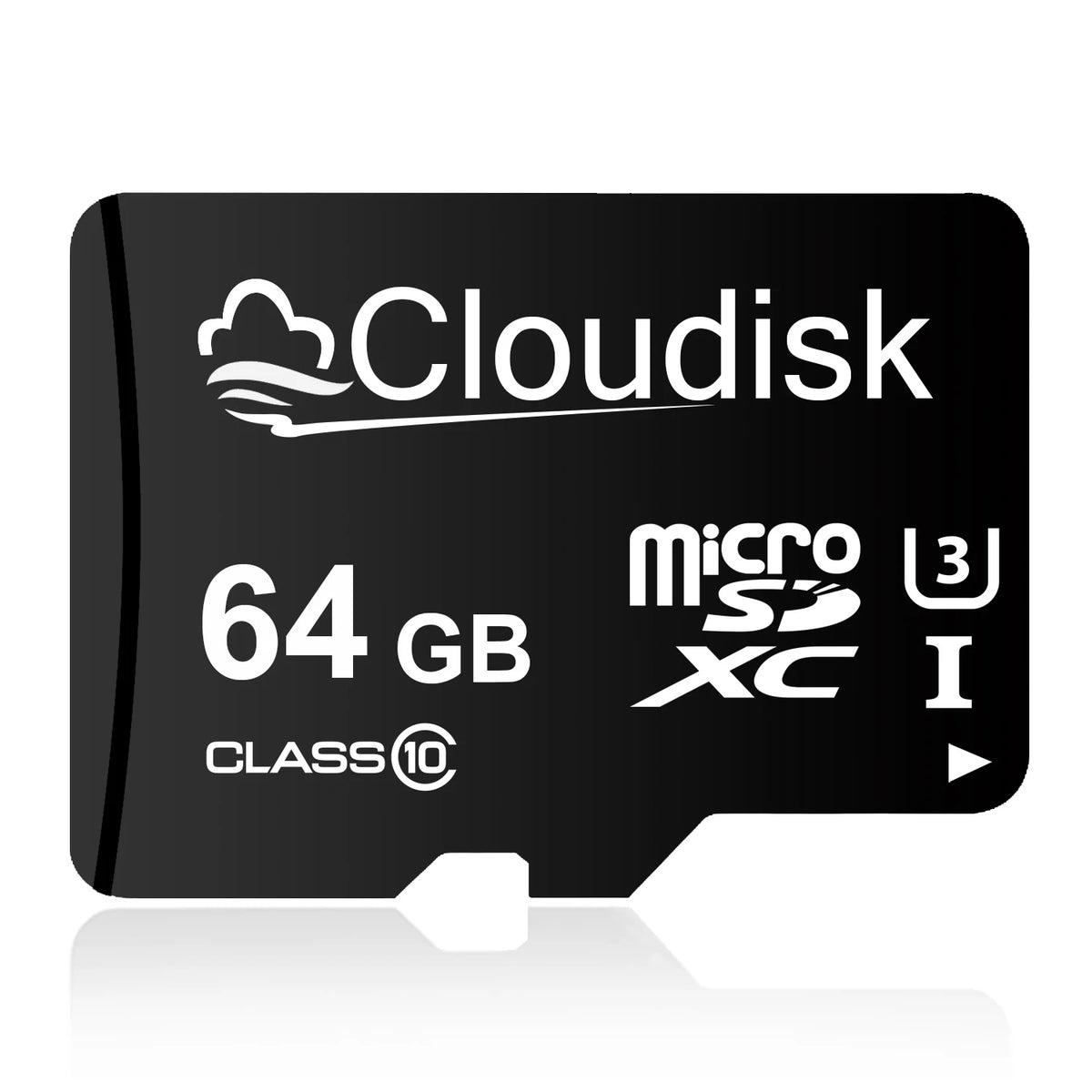 A black microSD card labeled Cloudisk 64 GB Class 10 memory card.
