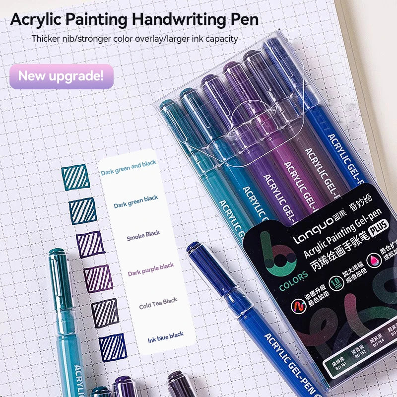 A collection of Languo 90-Color Acrylic Gel Pens in various colors and tips displayed on a sheet of graph paper.