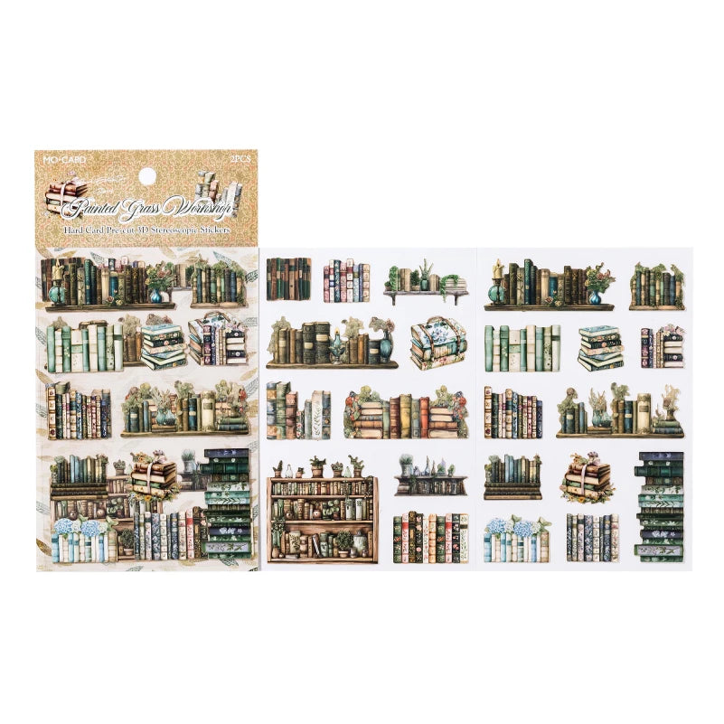 A sheet of printed grass textures featuring various 3D relief book designs for scrapbooking.
