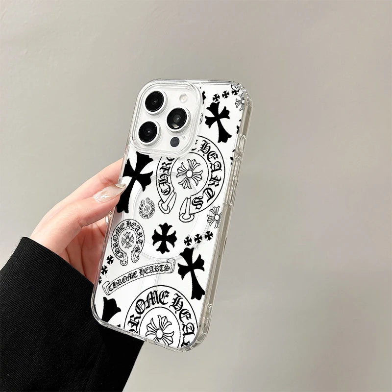 Clear acrylic phone case featuring a black and white Chrome Hearts design with horseshoe and floral motifs.