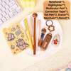 A collection of cartoon school stationery items including a notebook, highlighter, pen, correction tape, gel pen, eraser, key