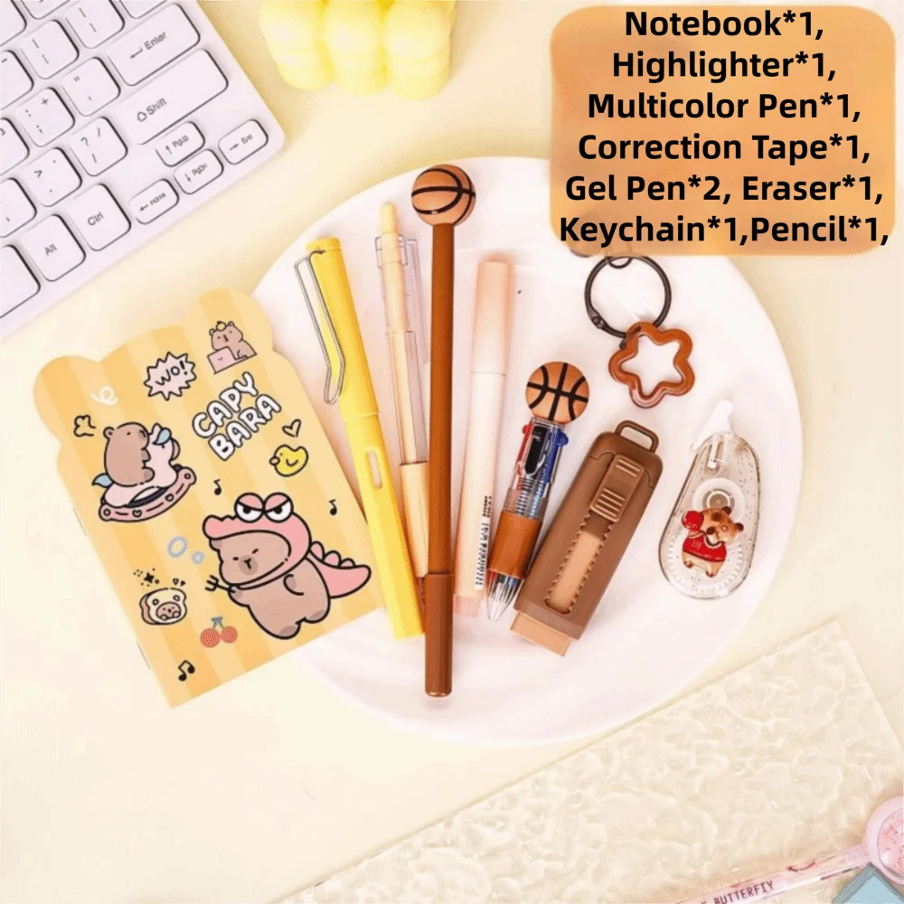 A collection of cartoon school stationery items including a notebook, highlighter, pen, correction tape, gel pen, eraser, key