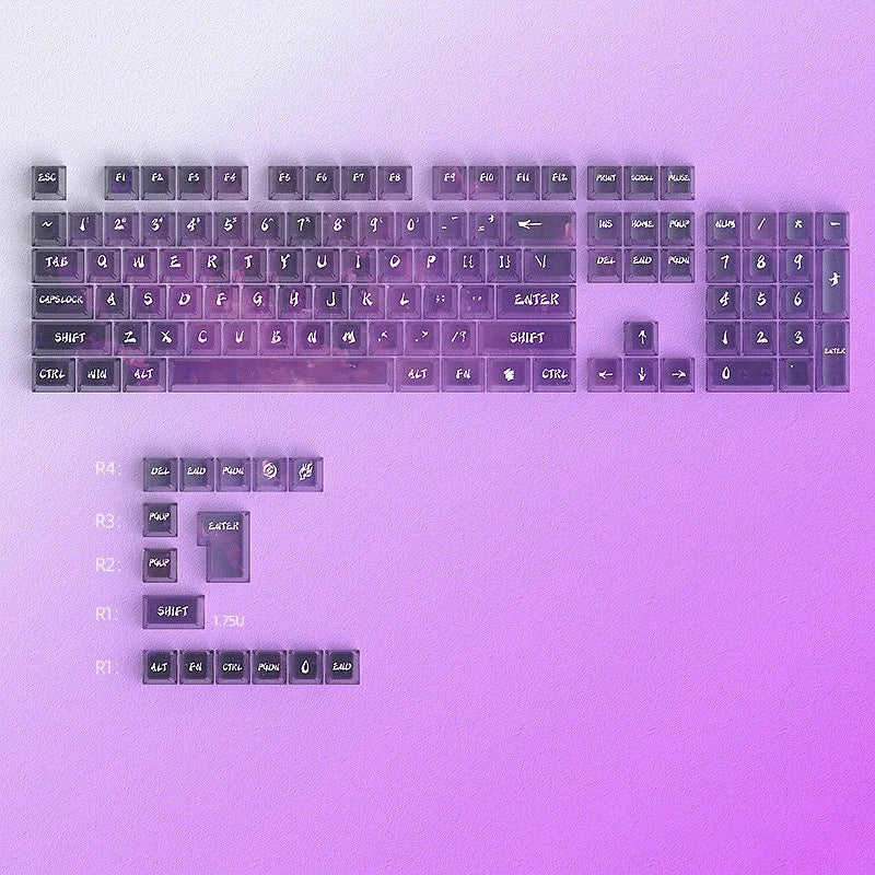 A purple mechanical keyboard keycap set featuring a full layout and function row.