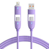 A purple 4-in-1 fast charging data cable with multiple connectors and a curved cable shown against a white background.
