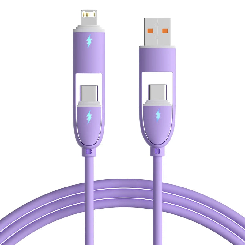 A purple 4-in-1 fast charging data cable with multiple connectors and a curved cable shown against a white background.