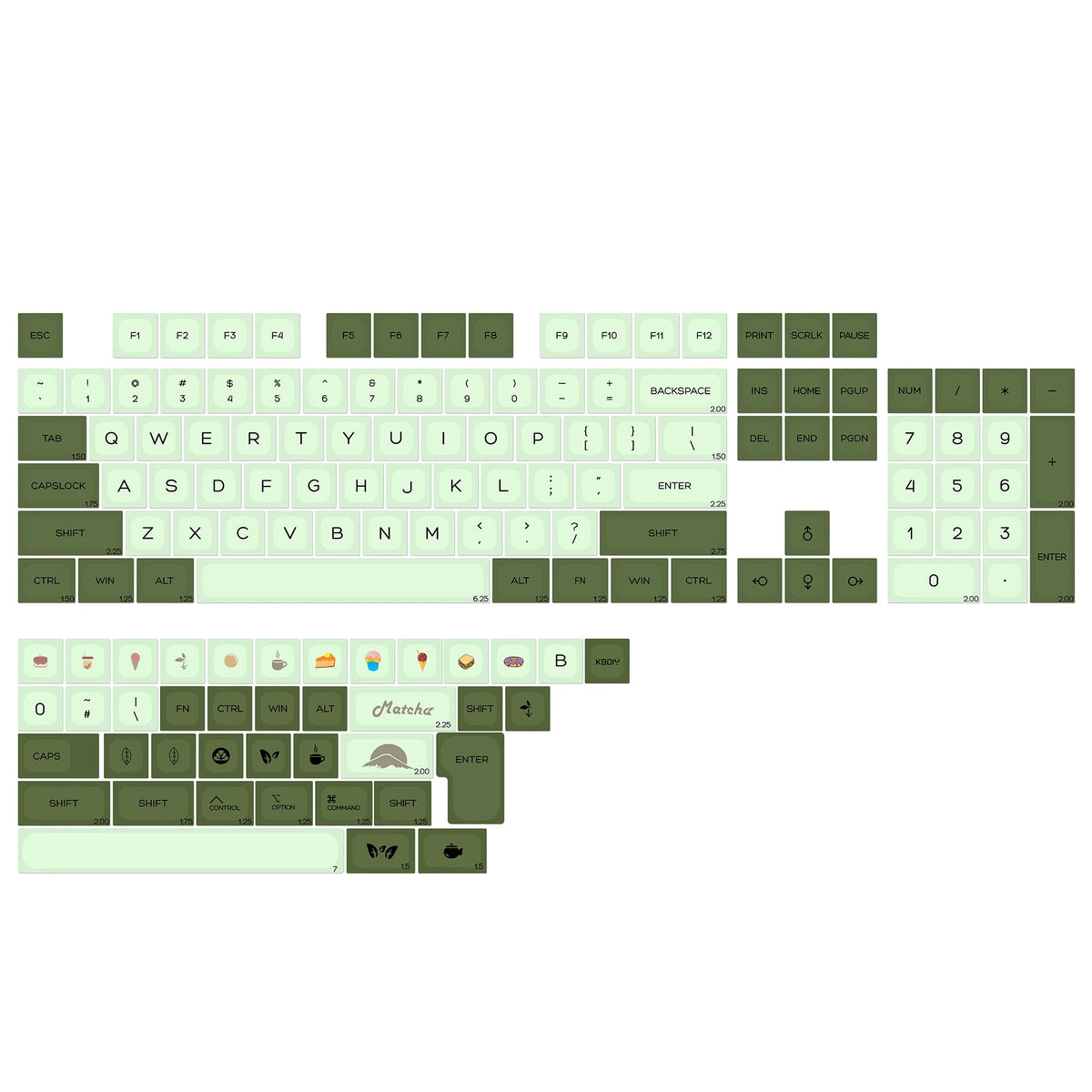 A layout of a Magic Bunny PBT keycap set featuring various letter and number keys in a light green color.
