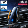 A black wireless phone mount with an orange accent is shown installed in a car dashboard, featuring intelligent induction and