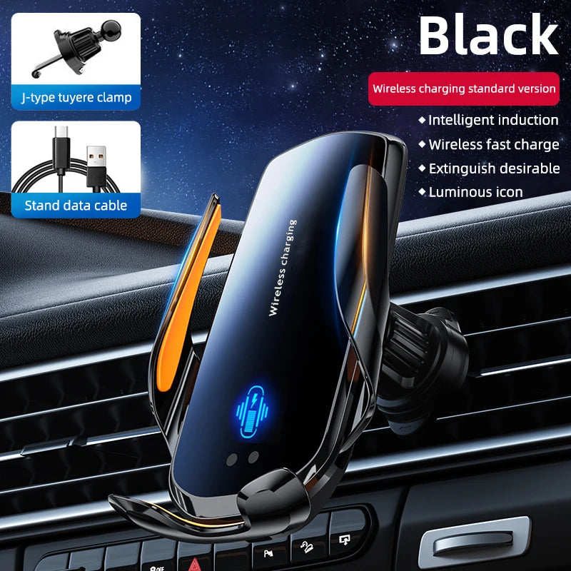 A black wireless phone mount with an orange accent is shown installed in a car dashboard, featuring intelligent induction and