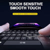A hand is shown interacting with a smartphone keyboard, highlighting the smooth touch sensitivity of the device.