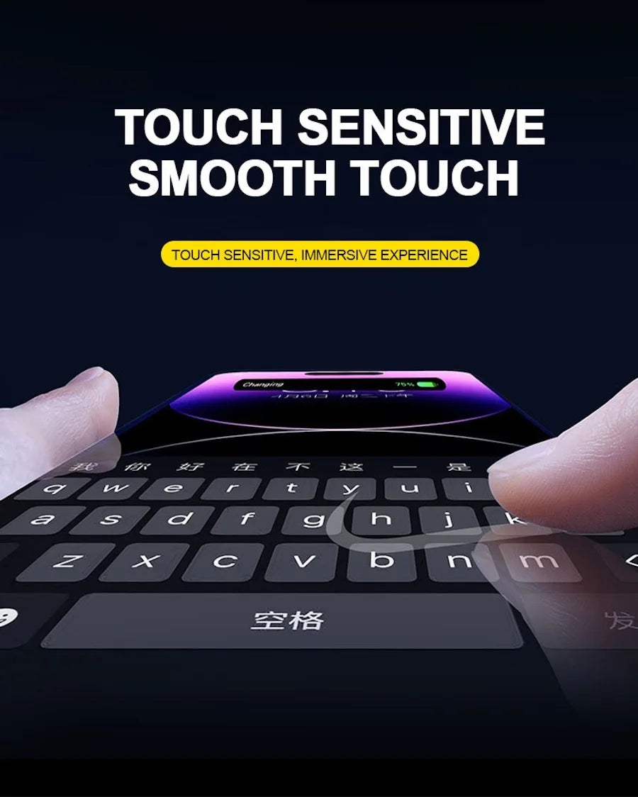 A hand is shown interacting with a smartphone keyboard, highlighting the smooth touch sensitivity of the device.