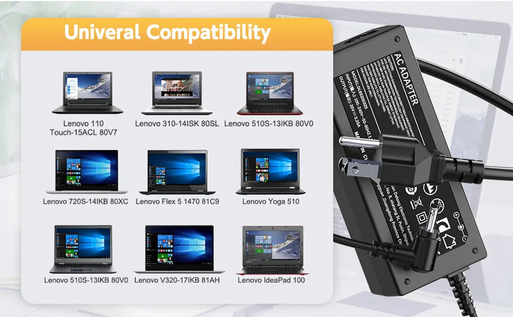 A black universal laptop charger with multiple connectors for various Lenovo models like Ideapad and ThinkPad series.