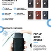 A black leather card case is shown with a pop-up mechanism for quick access to cards.