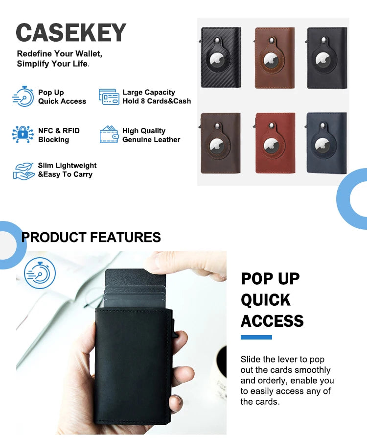 A black leather card case is shown with a pop-up mechanism for quick access to cards.