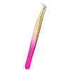 Precision eyelash extension tweezers with a gradient finish, featuring pink and gold tones.