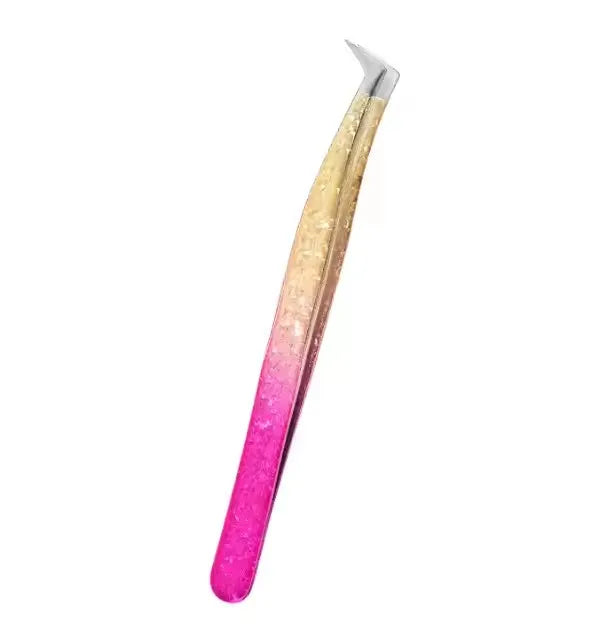 Precision eyelash extension tweezers with a gradient finish, featuring pink and gold tones.