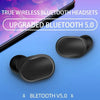 Ein Paar schwarze kabellose Bluetooth-Kopfhörer neben einem Smartphone, das Text über verbesserten Bluetooth 5.0 anzeigt